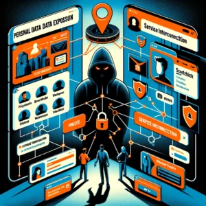 An illustration depicting the importance of security on social media. The image should include three distinct sections: 1. Personal Data Exposure, showing social profiles with personal information like birth dates and workplaces being eyed by a shadowy figure symbolizing malicious actors. 2. Service Interconnection, illustrating connected social media accounts with other digital services, highlighting the potential security risks. 3. Cyberattack Targets, depicting a social profile as the starting point for attacks such as phishing and identity impersonation (catfishing). The overall tone should convey caution and awareness about social media security.
