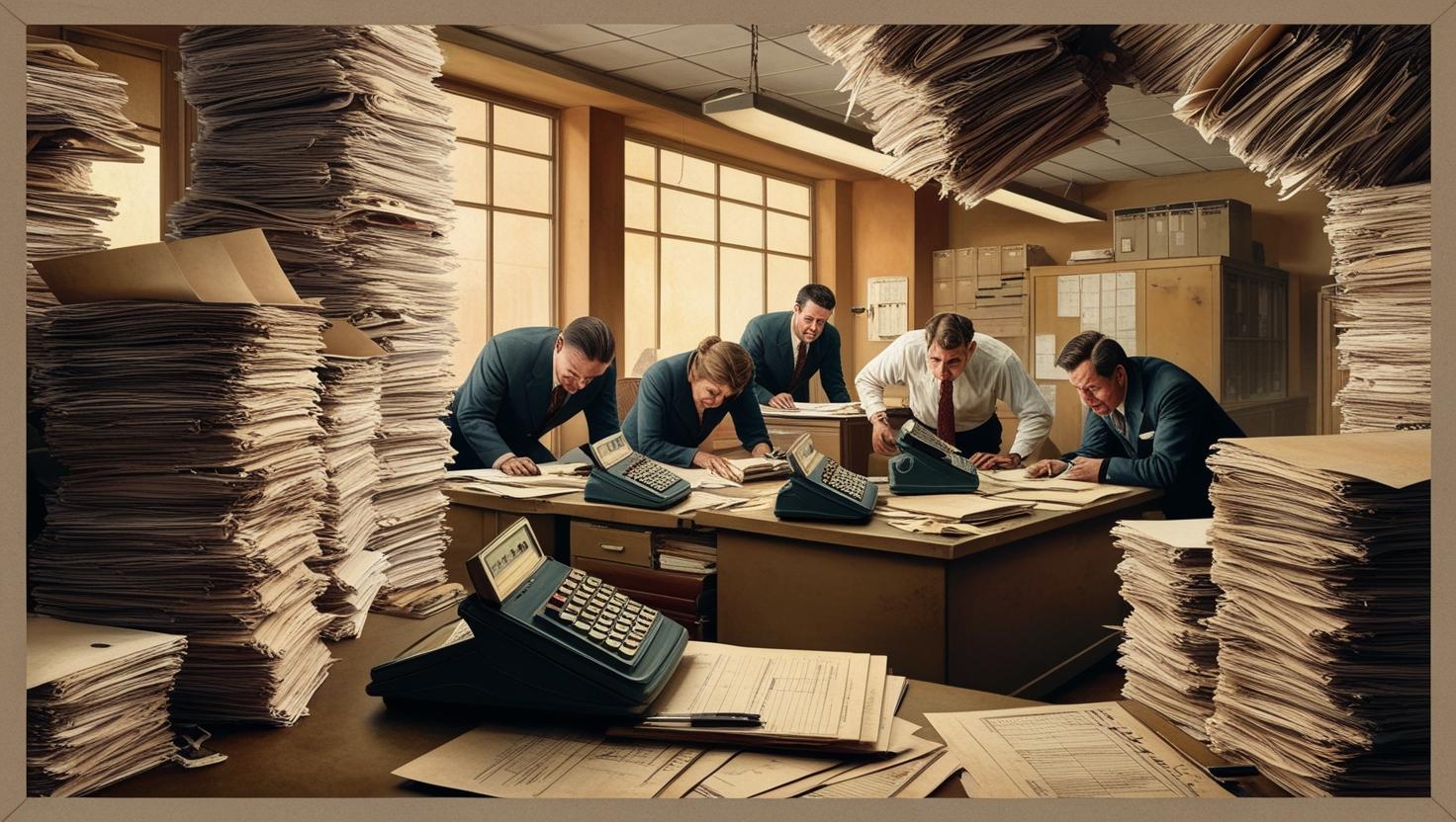 A cluttered, outdated office with paper files, calculators, and stressed business owners.