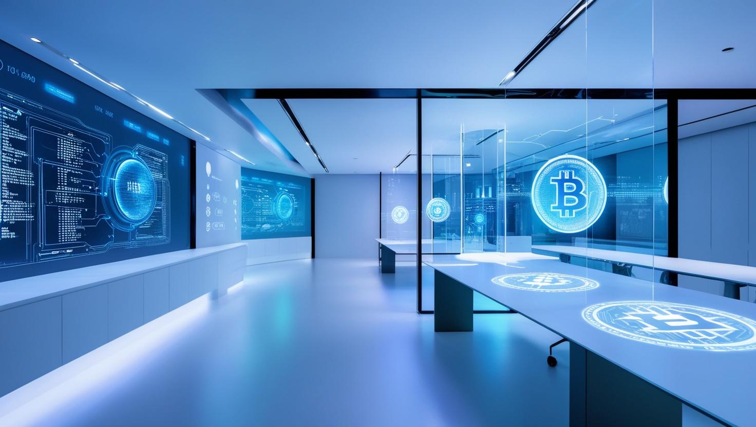 A modern, tech-driven workspace with holographic interfaces, AI automation, and blockchain elements.